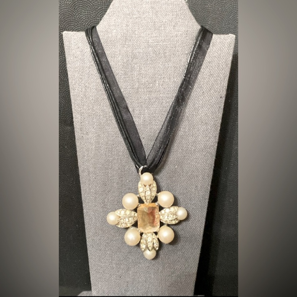 vintage cross shaped pearl, rhinestone & stone pendant necklace